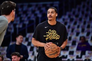 May 6, 2023; Los Angeles, California, USA; Golden State Warriors guard Jordan Poole (3) before playing against the Los Angeles Lakers in game three of the 2023 NBA playoffs at Crypto.com Arena. NBA Eastern Conference Mandatory Credit: Gary A. Vasquez-USA TODAY Sports