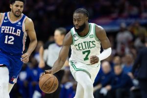 May 11, 2023; Philadelphia, Pennsylvania, USA; Boston Celtics guard Jaylen Brown (7) dribbles the ball against the Philadelphia 76ers during the third quarter in game six of the 2023 NBA playoffs at Wells Fargo Center. Does Brown have one of the worst Eastern Conference NBA contracts? Mandatory Credit: Bill Streicher-USA TODAY Sports