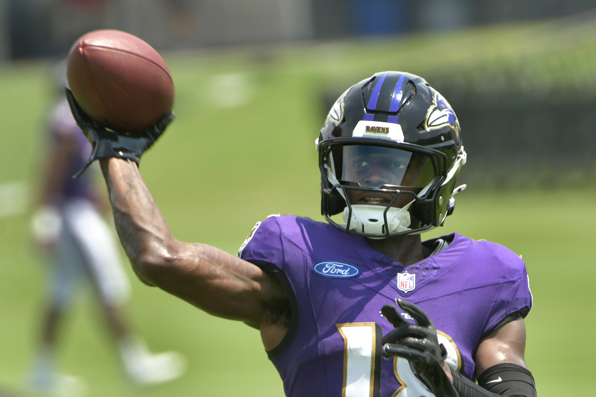 Wide receiver Dayton Wade #18 during practice at Ravens training...