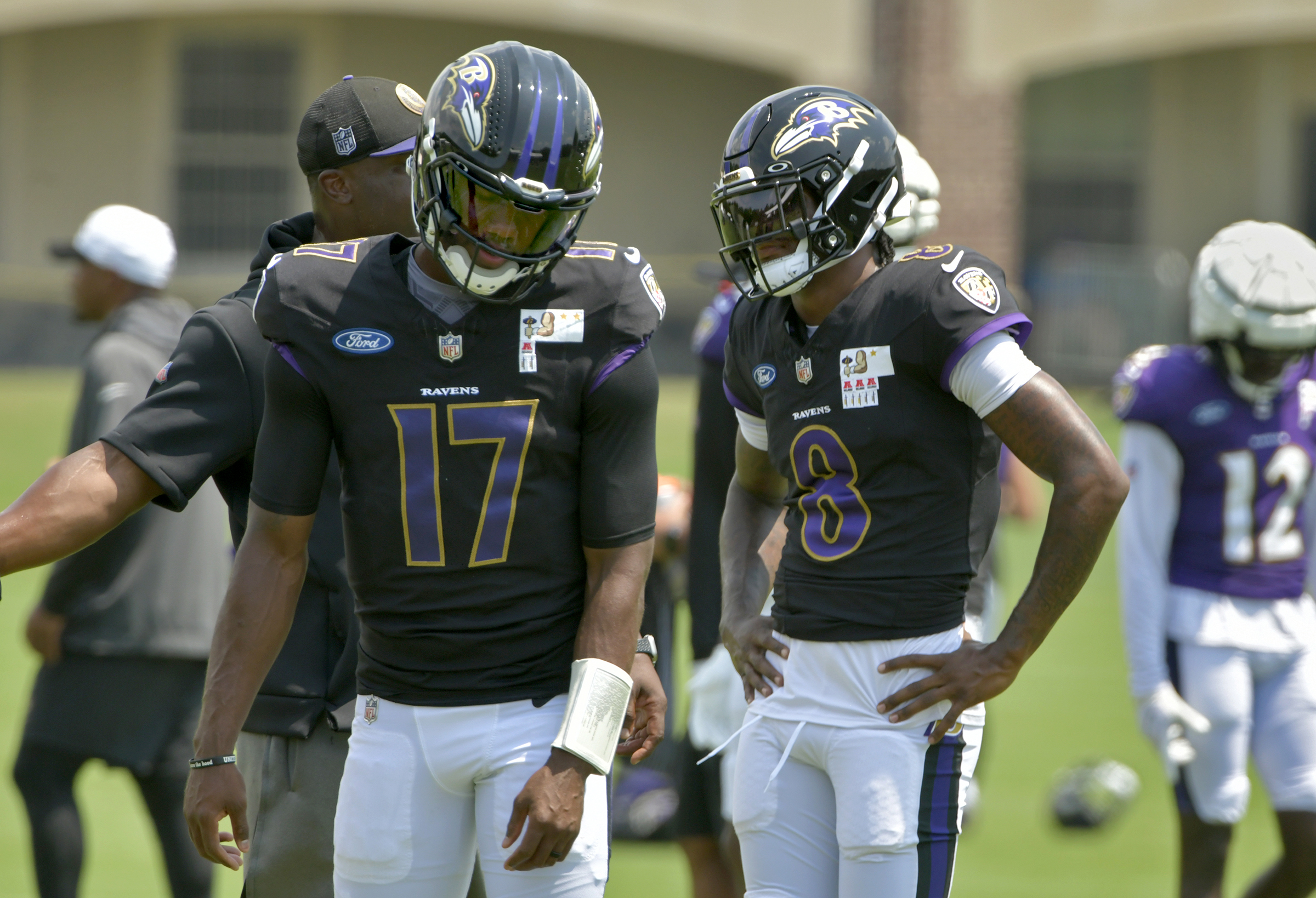 Quarterbacks Josh Johnson, #17, and Lamar Jackson #8 confer during...