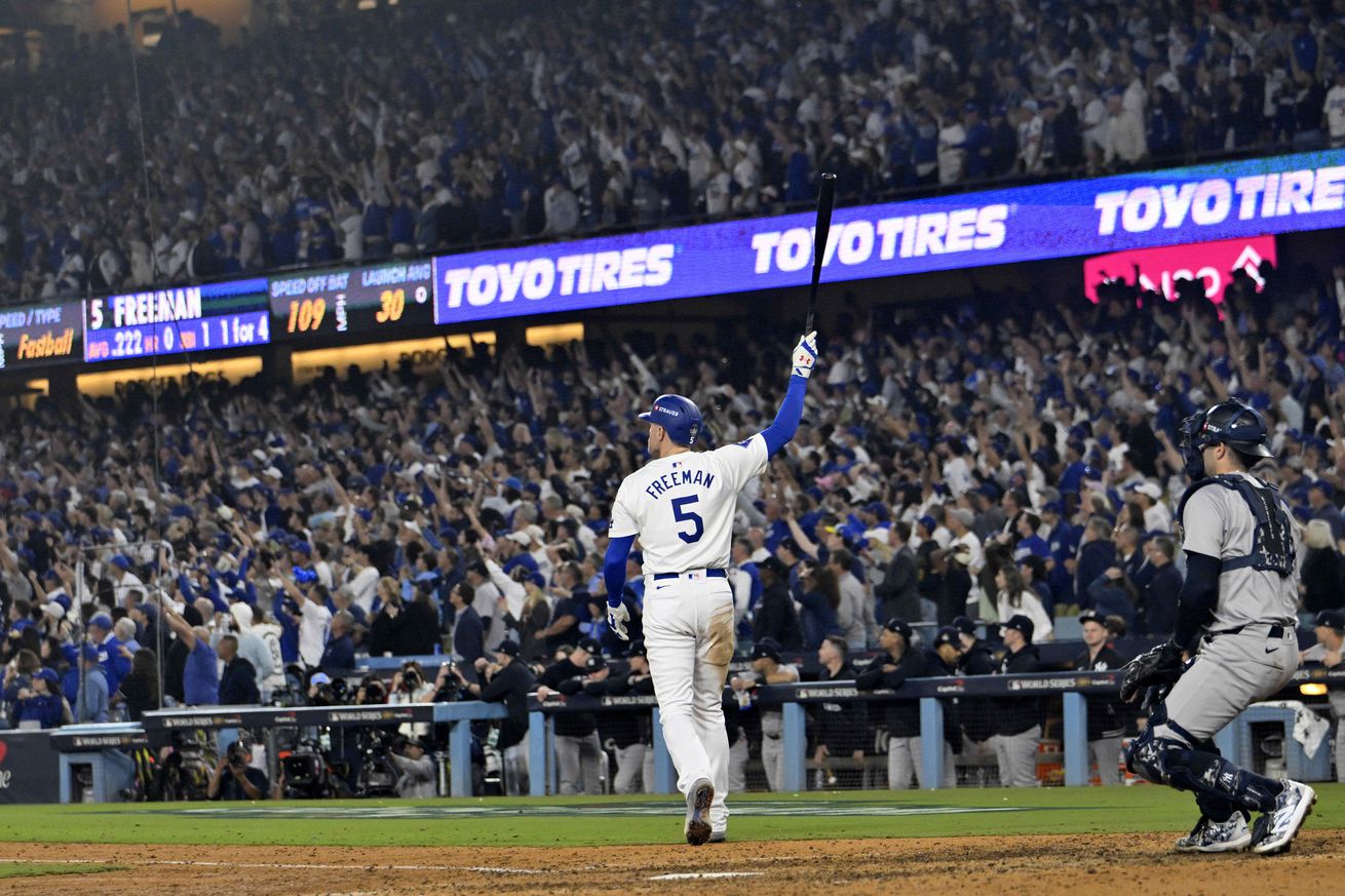 Los Angeles Dodgers defeat the New York Yankees 6-3 and win Game 1 of a World Series baseball game.