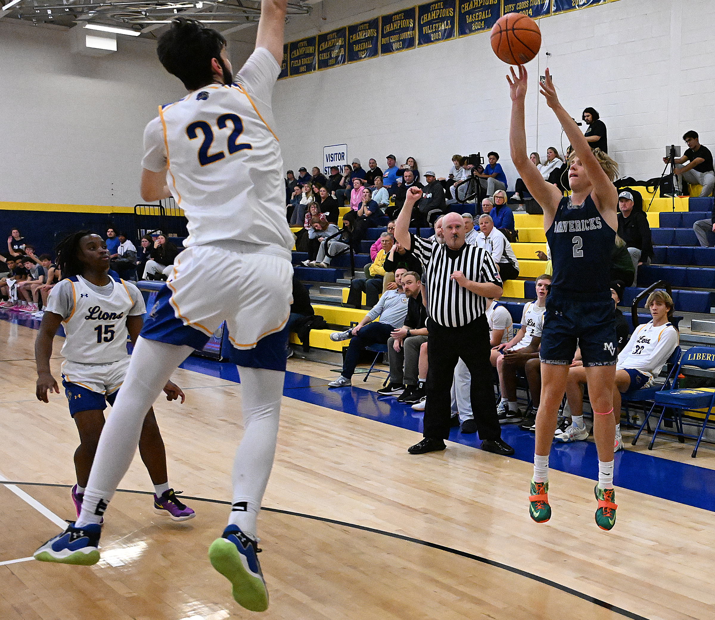 Manchester Valley #2, Colton Enderle shoots a three in the...