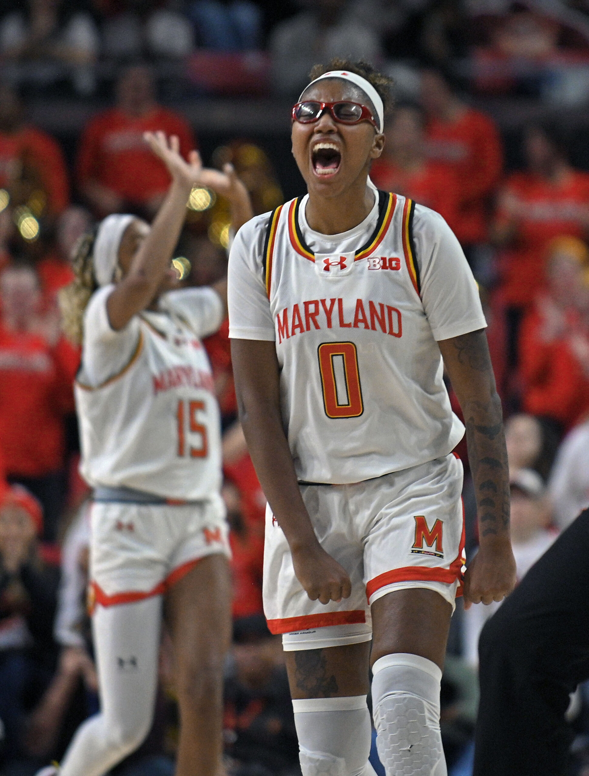 Maryland’s Shyanne Sellers reacts after her team ties the score...