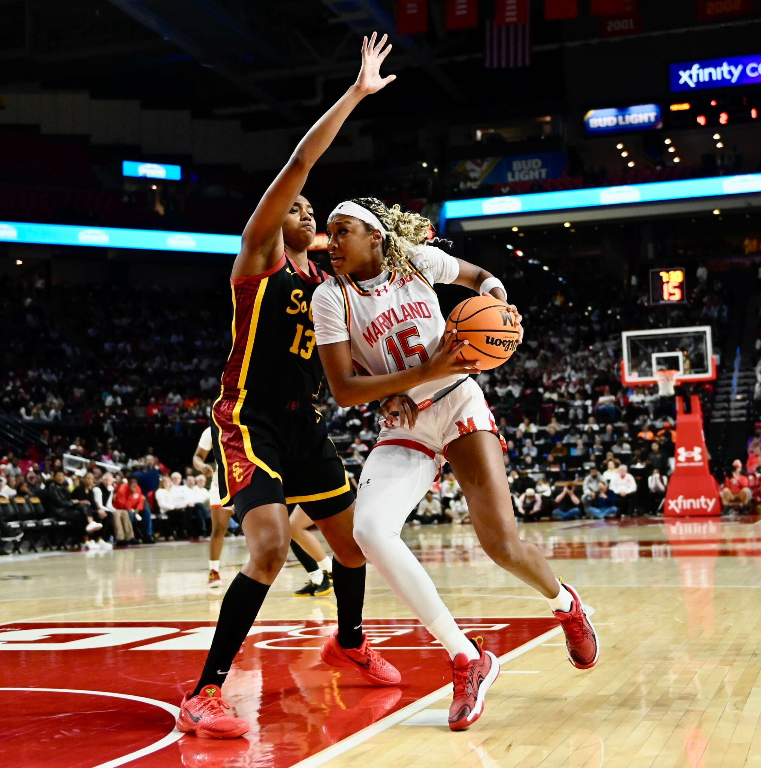 Maryland’s Christina Dalce goes to the basket against USC’s Rayah...