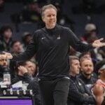 Feb 3, 2025; Charlotte, North Carolina, USA;Washington Wizards head coach Brian Keefe reacts to a call during the second half against the Charlotte Hornets at Spectrum Center. Mandatory Credit: Jim Dedmon-Imagn Images Corey Kispert Injury